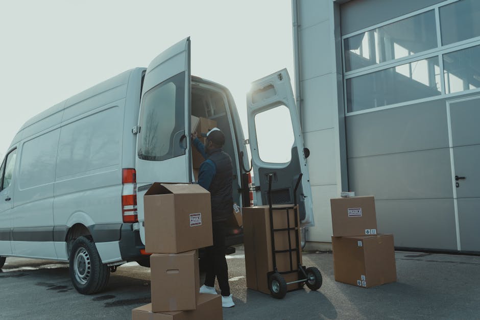A person wearing a dark jacket and cap is loading cardboard boxes into the back of a large, light grey moving van parked outside a modern building with large glass windows. The van’s rear doors are open, revealing packed boxes and packing materials inside. A hand truck and additional boxes are positioned on the pavement nearby, suggesting ongoing packing and moving activities related to home relocation. Natural sunlight creates a backlit effect, highlighting the scene of furniture transport and packing and moving logistics, with materials such as cardboard and protective coverings visible in the loading process. The environment is an urban setting, with the focus on the loading process that Belsize Park Man and Van offers as part of their removals service in the Belsize Village area.